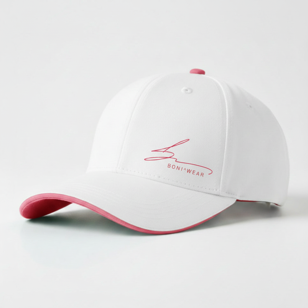 White cap with pink trim and pink logo