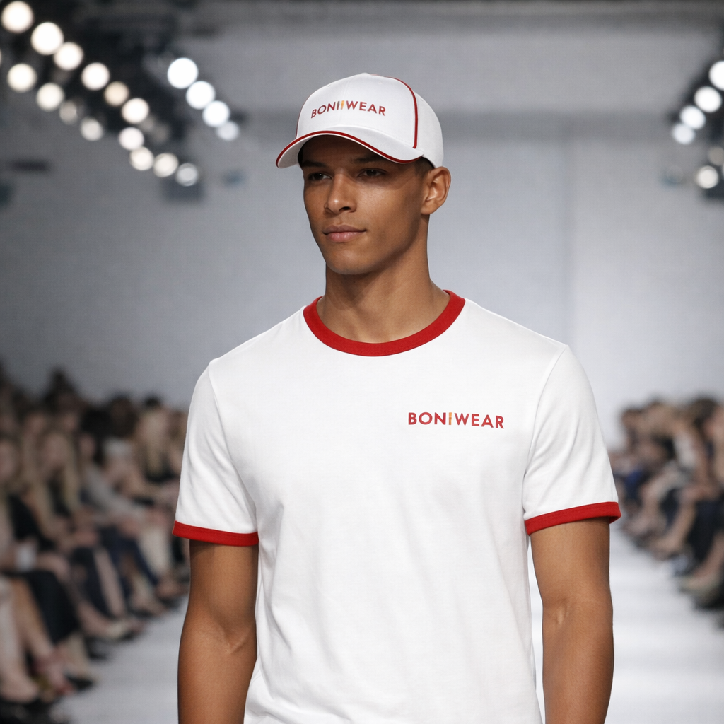 Model wearing a white t-shirt with red accents and a cap, walking on a fashion show runway.