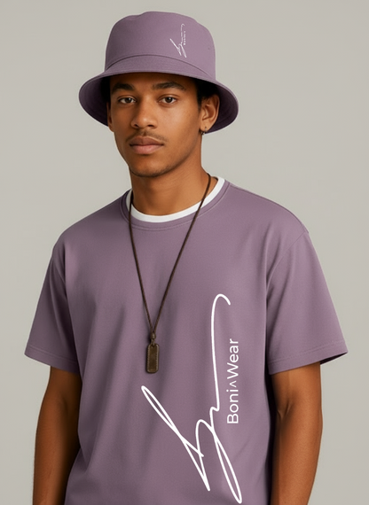 Person wearing a purple t-shirt and bucket hat with 'Boni^ Wear' branding on a gray background