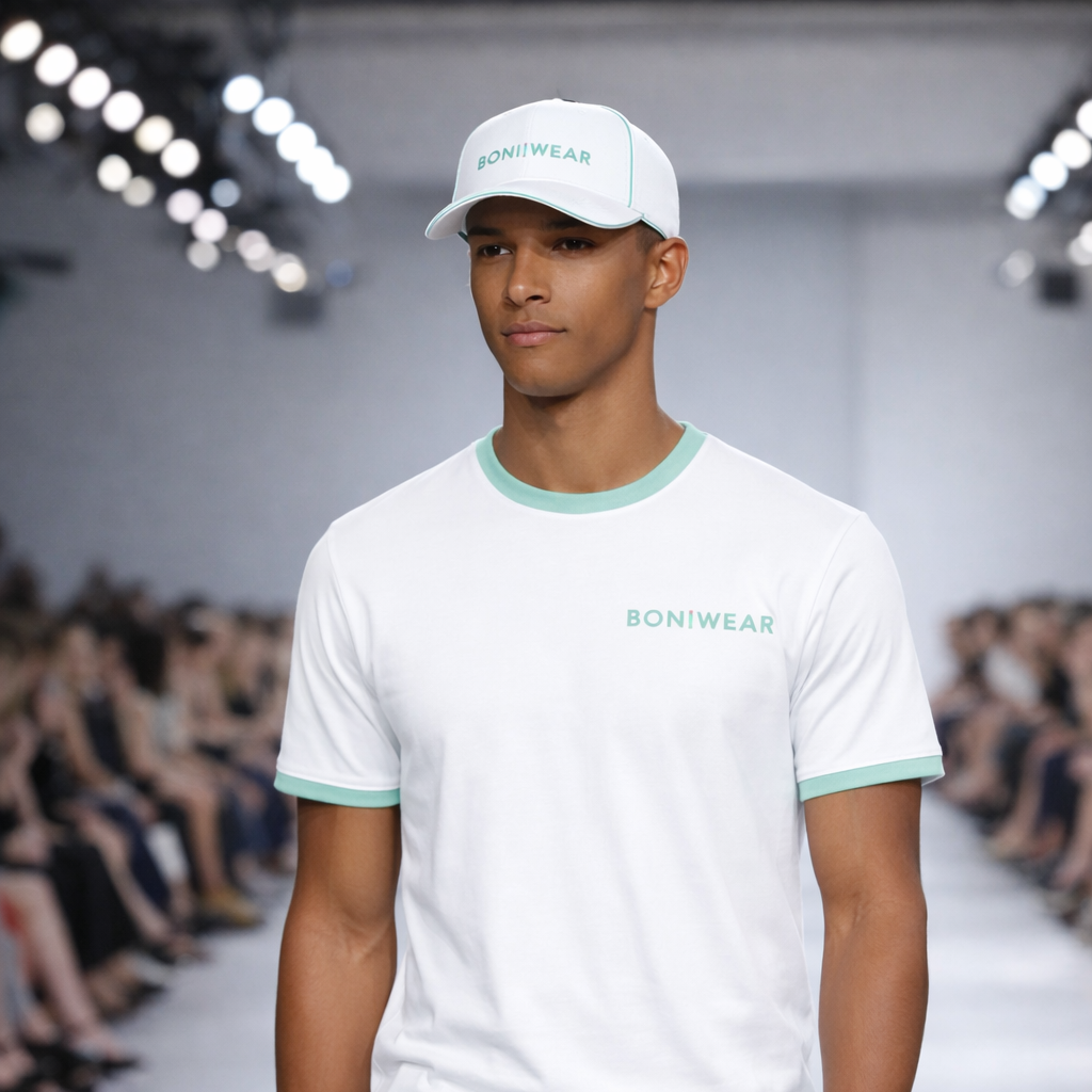 Model wearing a white t-shirt with 'Bonivear' branding and light green pants on a runway.