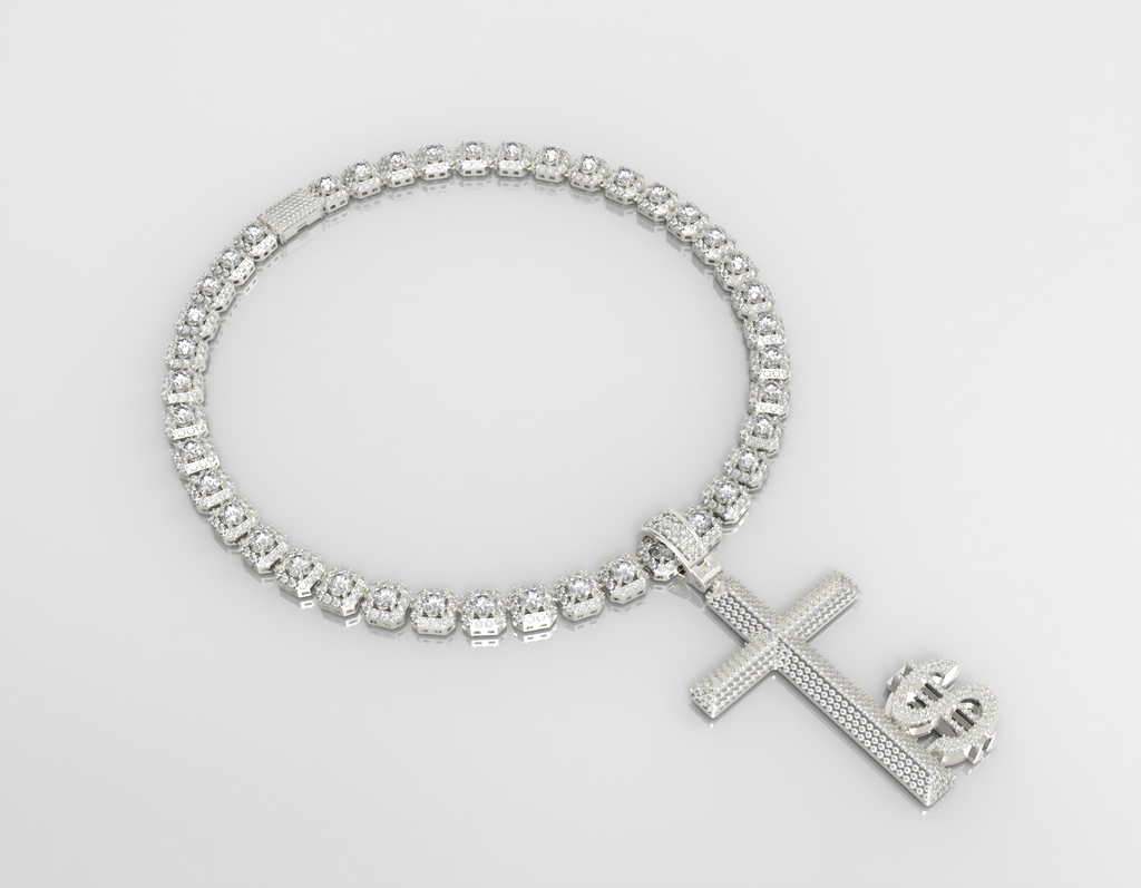 Silver bracelet with a cross charm on a light gray background