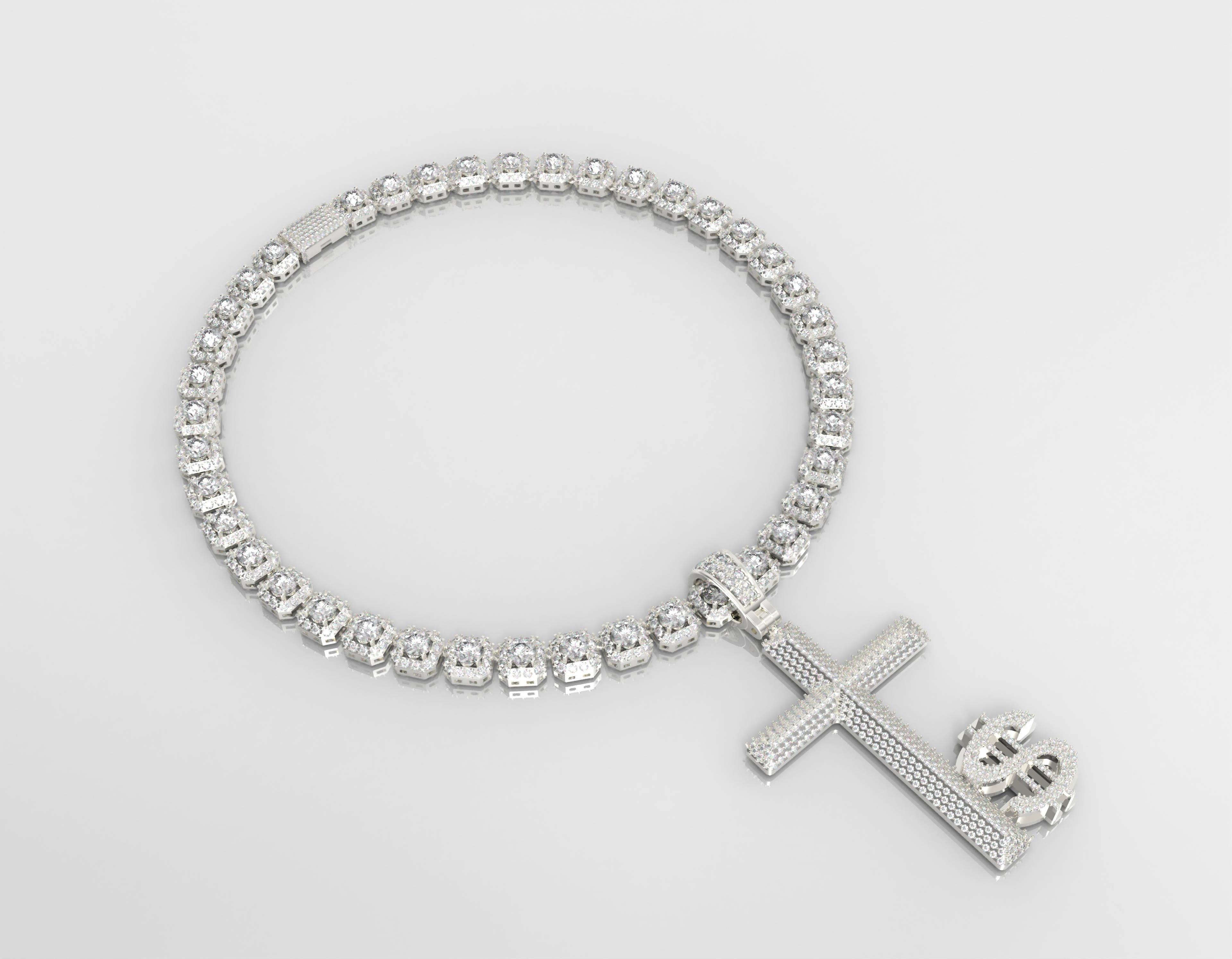 Silver bracelet with a cross charm on a light gray background