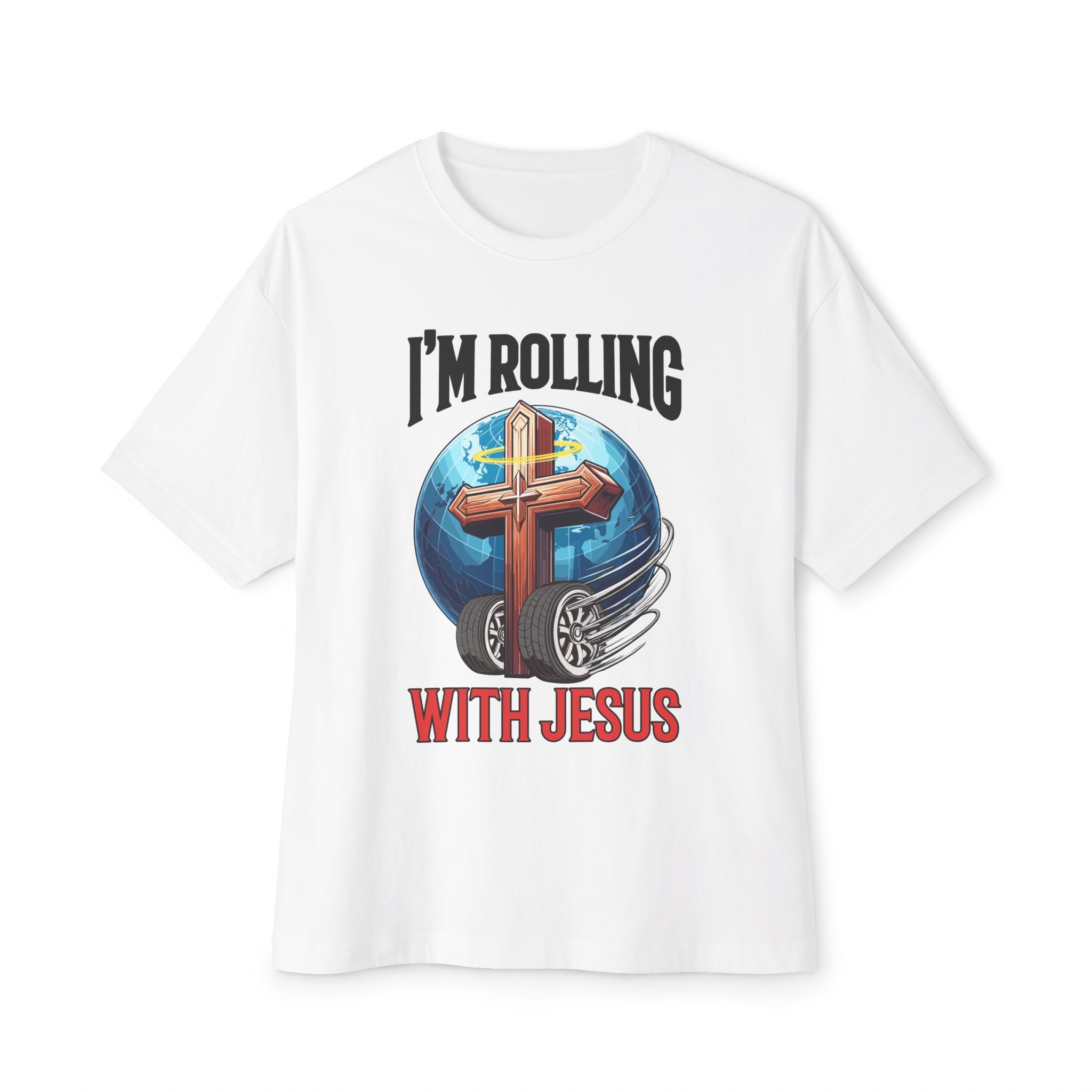 IM ROLLING WITH JESUS Oversized Tee Black Font Print