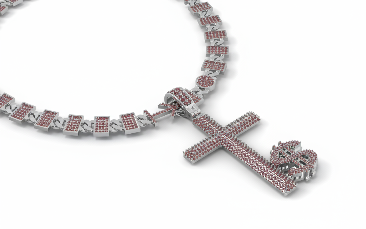 Male Silver necklace with red gemstones and a cross pendant on a white background