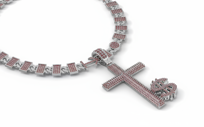 Male Silver necklace with red gemstones and a cross pendant on a white background