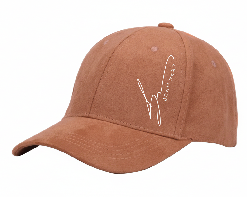 Brown cap with a white logo on a white background