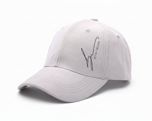 Light gray baseball cap with a brand logo on a white background