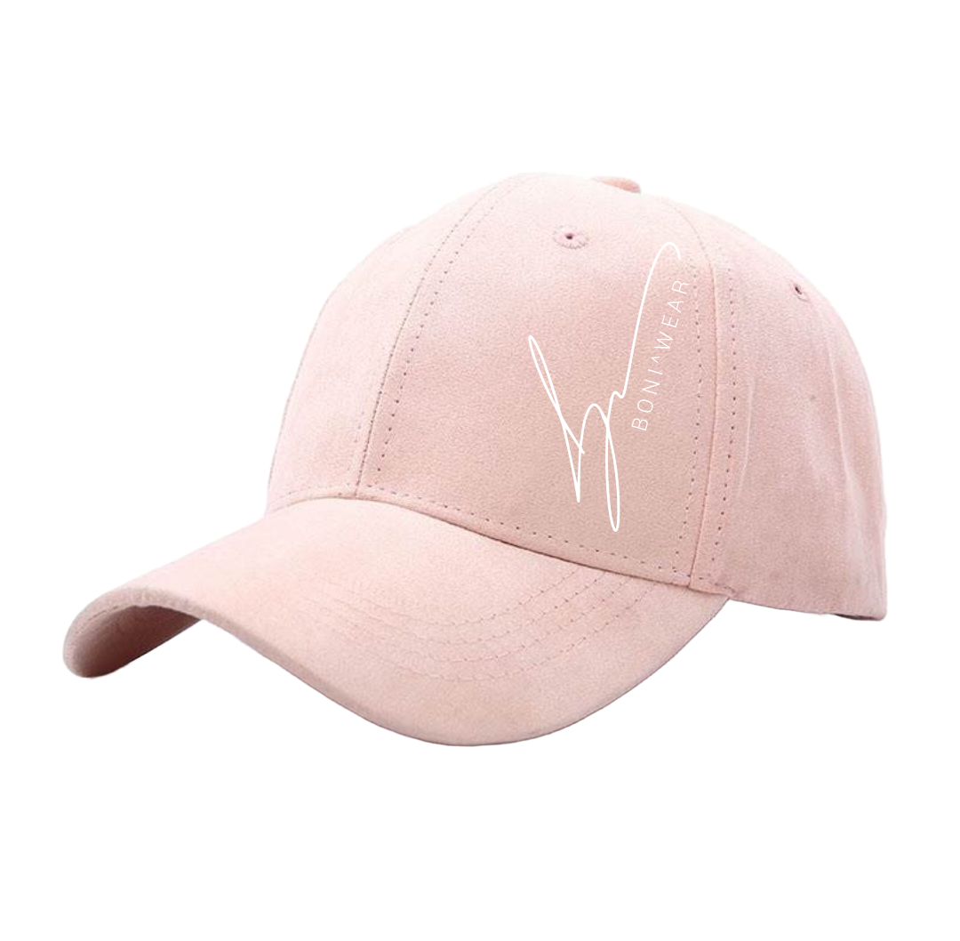 Pink baseball cap with a logo on no background