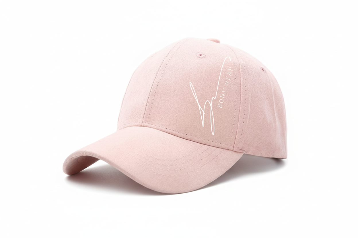 Pink baseball cap with a logo on a white background