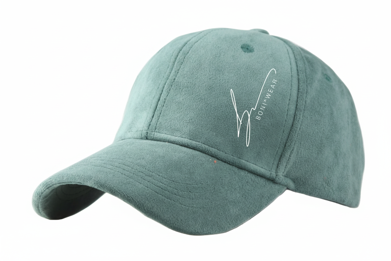 Green baseball cap with a logo on a white background