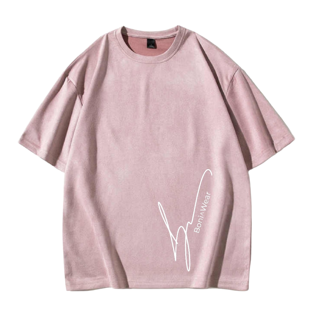 Pink t-shirt with a white logo on no background