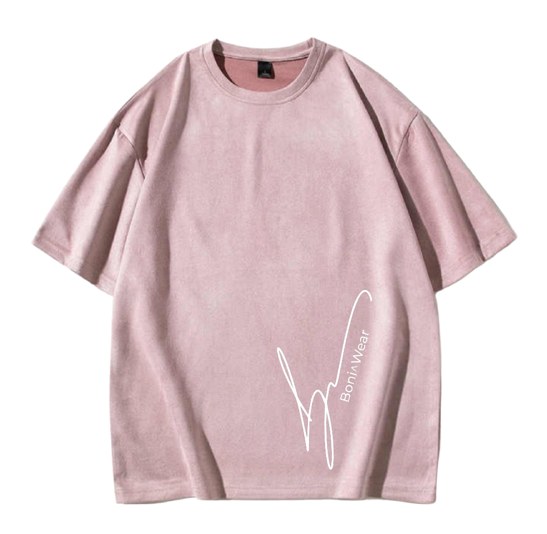Pink t-shirt with a white logo on no background