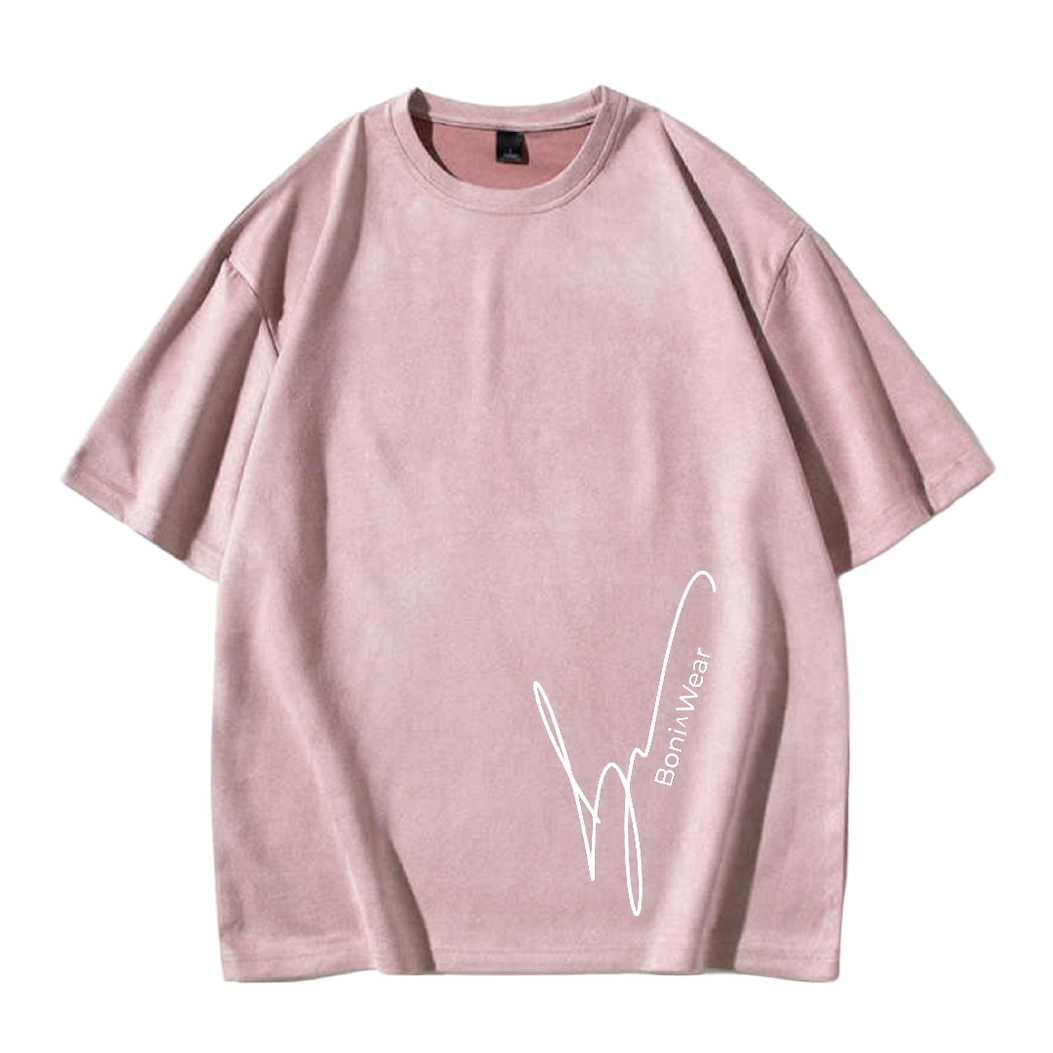 Pink t-shirt with a white logo on no background