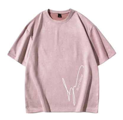 Pink t-shirt with a white logo on no background