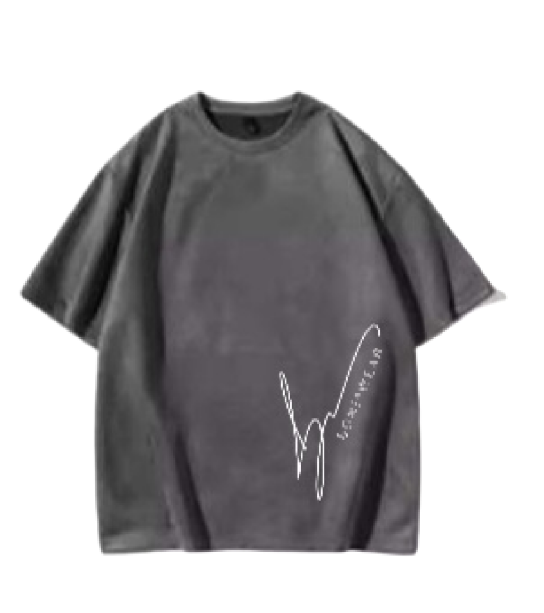 Gray t-shirt with a white logo on no background
