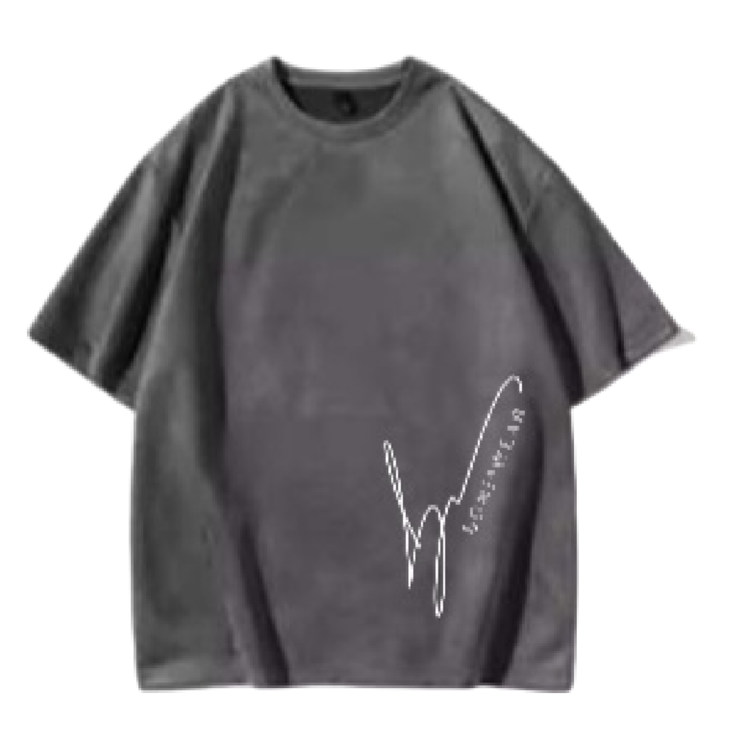 Gray t-shirt with a white logo on no background