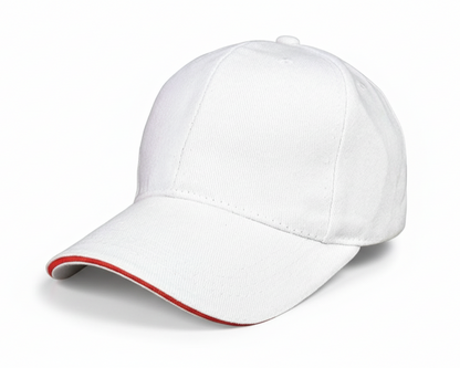 White baseball cap with red interior on a white background