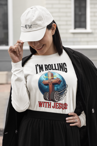 Person wearing a white t-shirt with 'I'm Rolling with Jesus' design, holding a white cap.