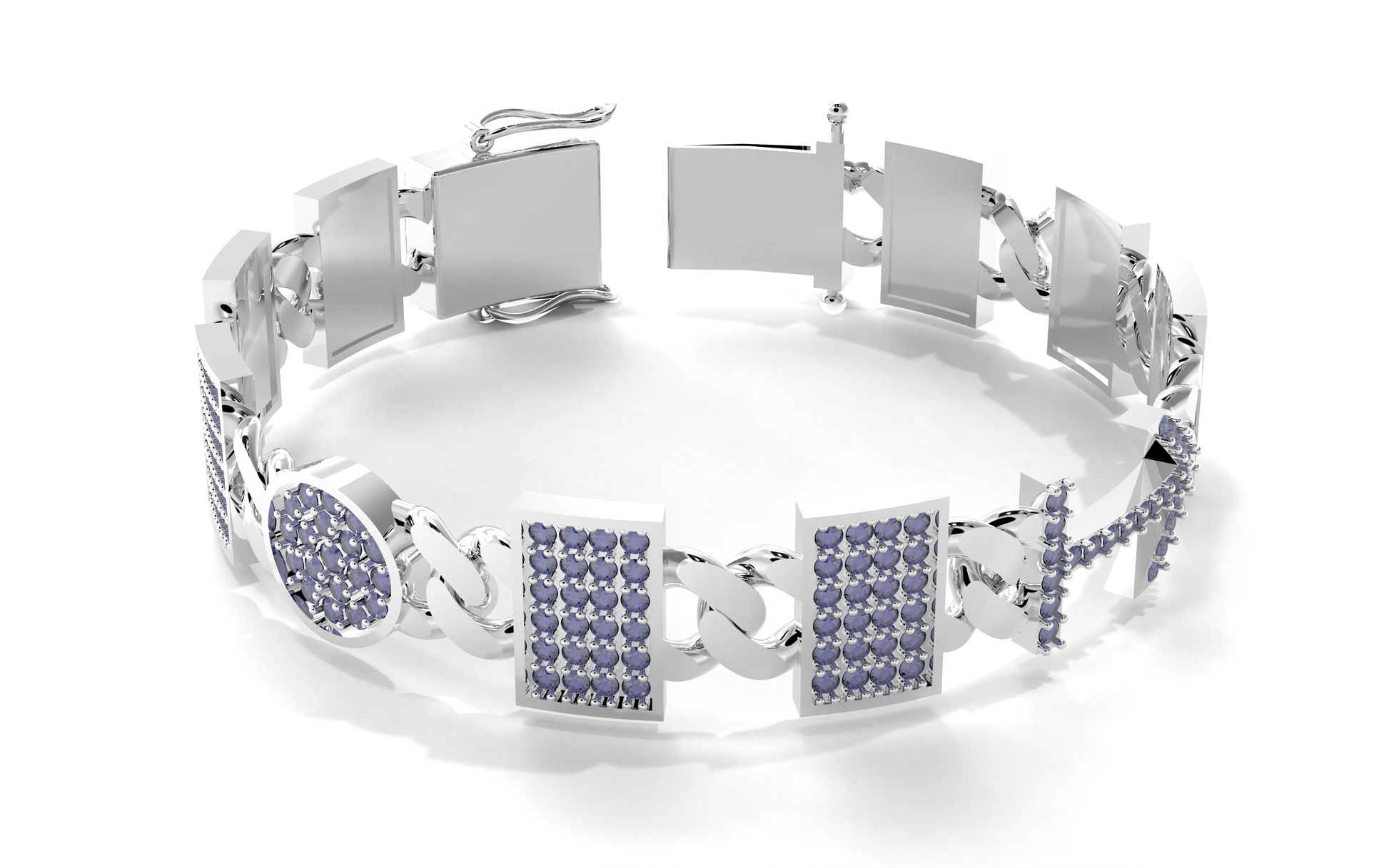 Silver bracelet with purple gemstones on a white background
