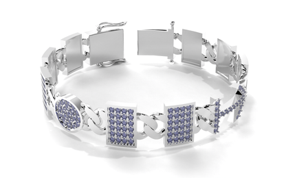 Silver bracelet with purple gemstones on a white background