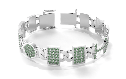 Male Silver bracelet with green gemstones on a white background
