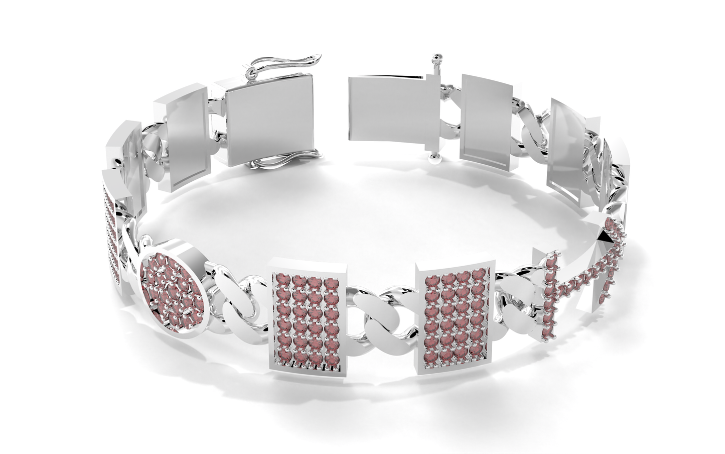Silver bracelet with pink gemstones on a white background