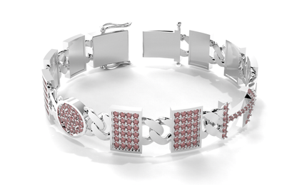 Silver bracelet with pink gemstones on a white background