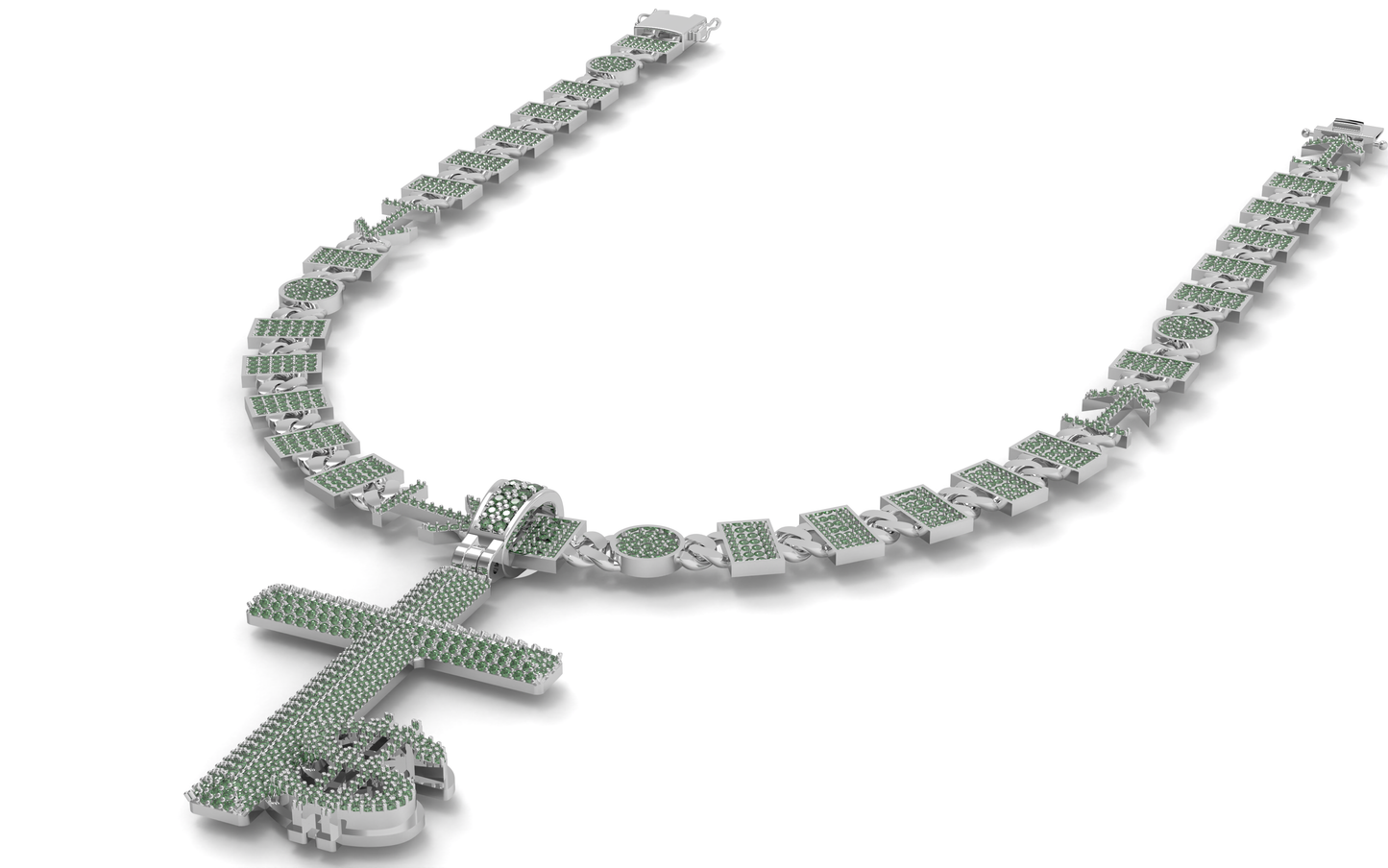 Male Silver necklace with green gemstones on a white background