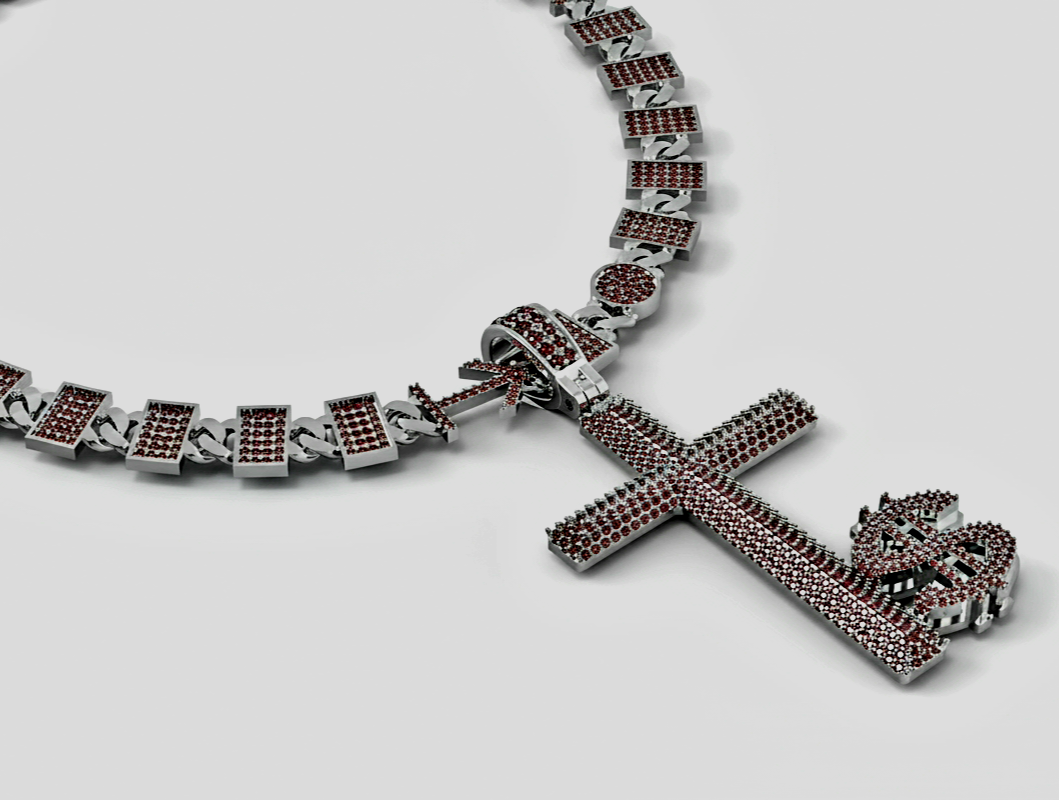Silver bracelet with a cross pendant on a light gray background