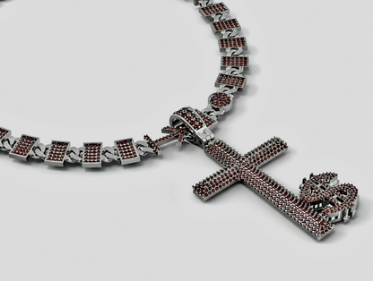 Silver bracelet with a cross pendant on a light gray background