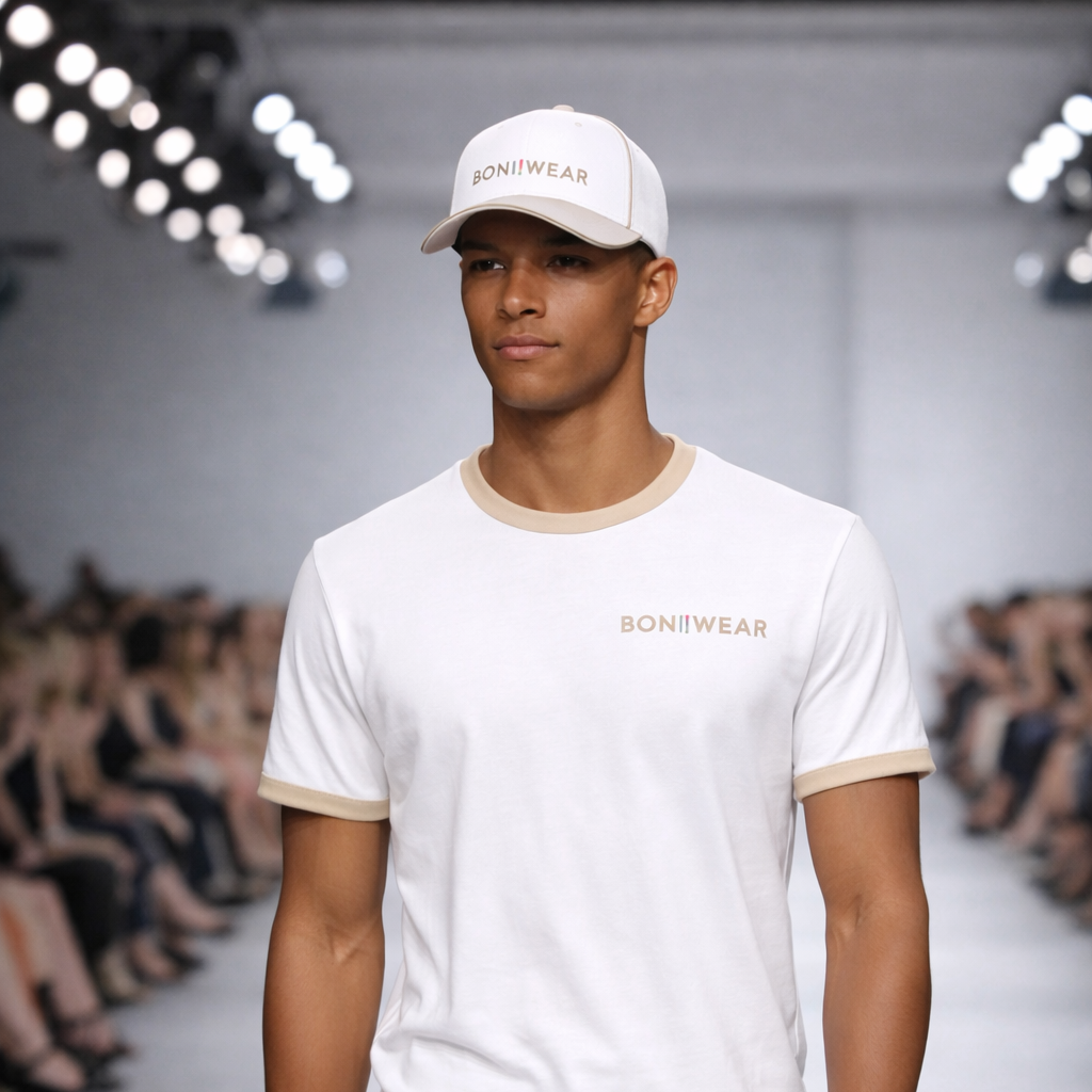 Model wearing a white t-shirt and cap with 'BONITWEAR' branding on a runway.