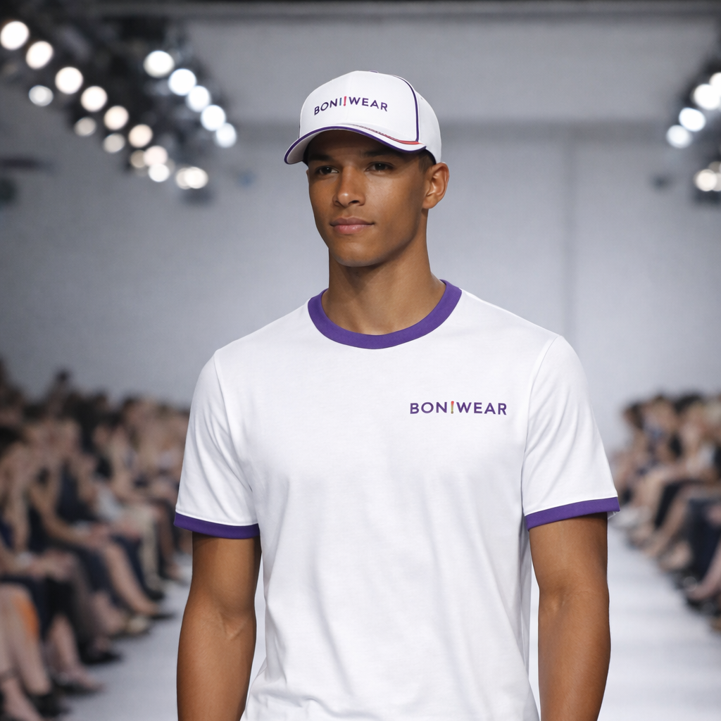 Model walking on a runway wearing a white t-shirt with purple accents and a cap, with 'BON! WEAR' branding.
