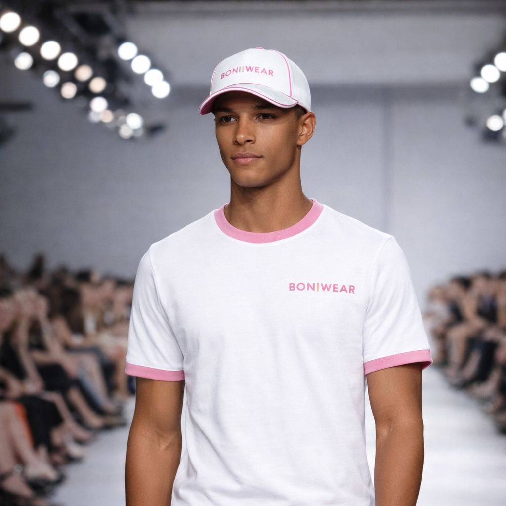 Model wearing a white t-shirt with pink accents and a cap on a runway with 'BONIWEAR' branding.