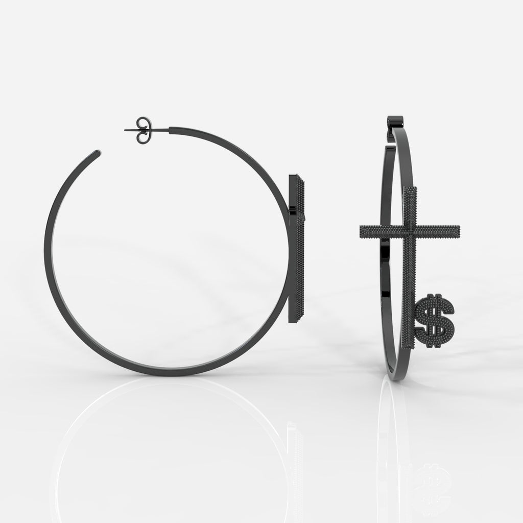 Black hoop earrings with dollar sign design on a white background