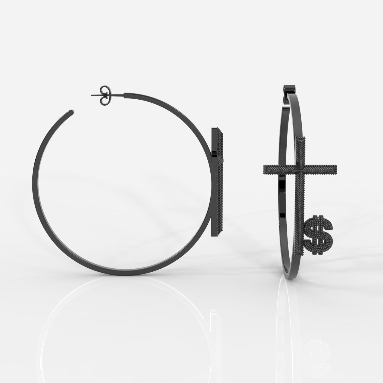 Black hoop earrings with dollar sign design on a white background
