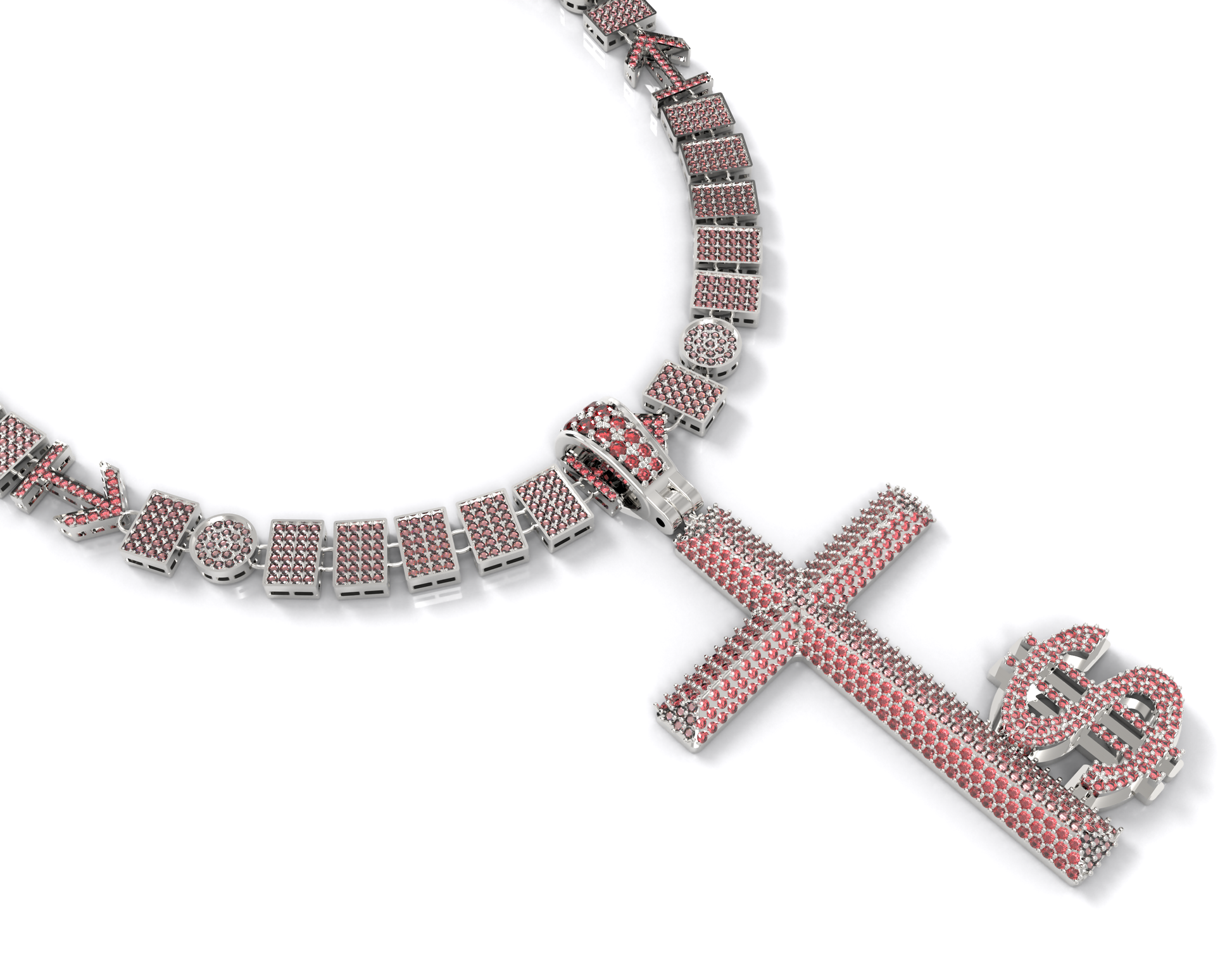 Necklace with red and silver charms on a white background