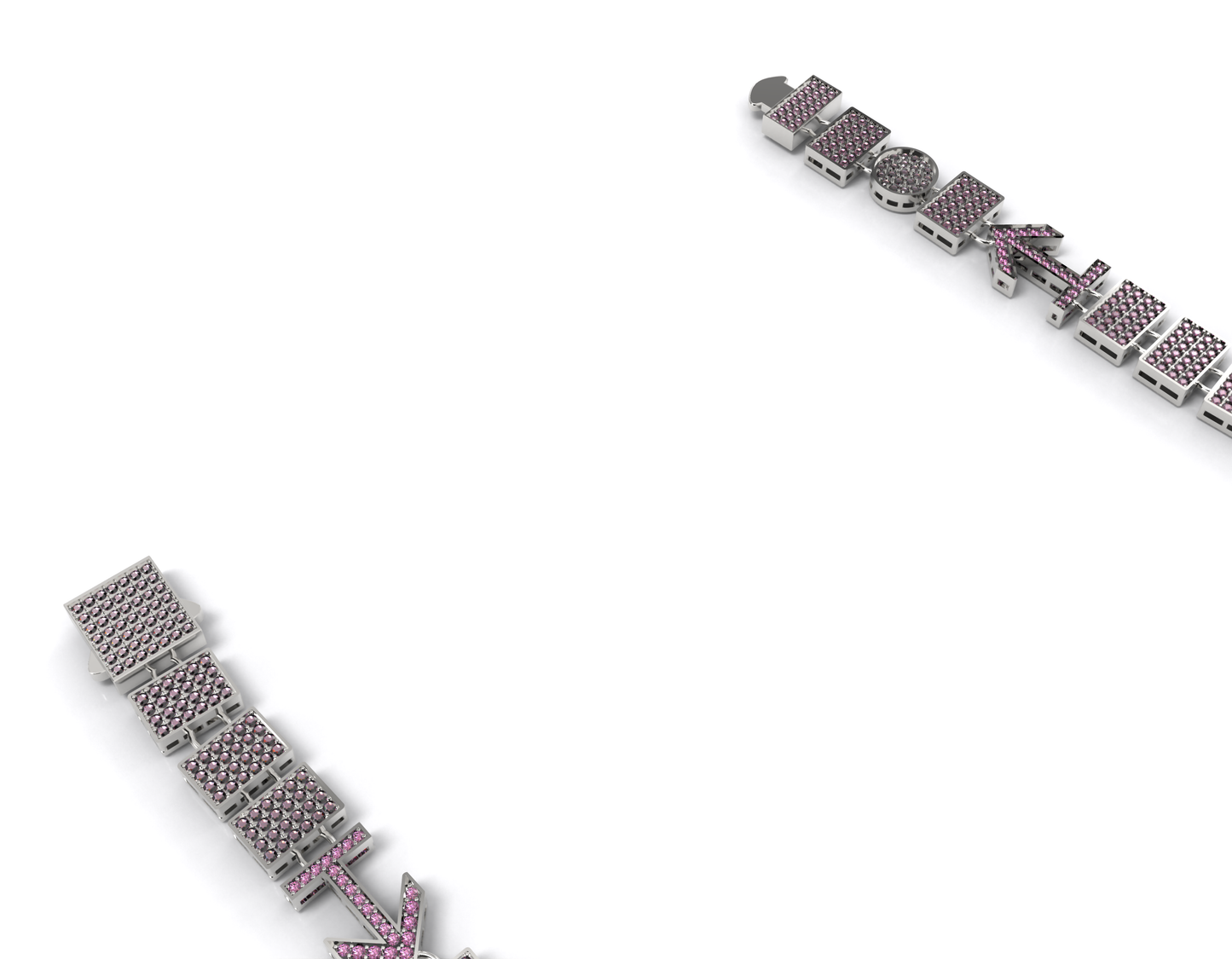 Silver bracelet with pink stones on a white background