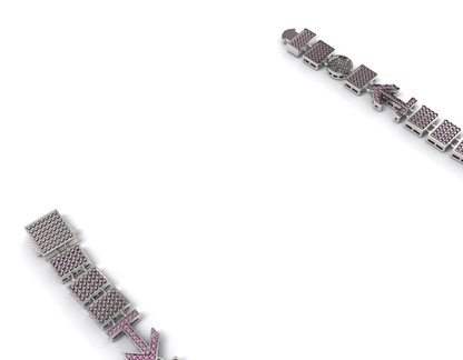 Silver bracelet with pink stones on a white background