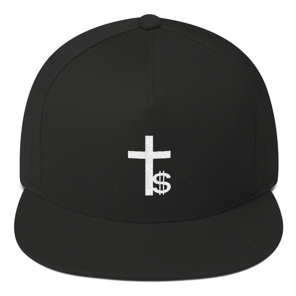 Black cap with a white cross and dollar sign design on a white background