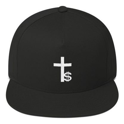 Black cap with a white cross and dollar sign design on a white background