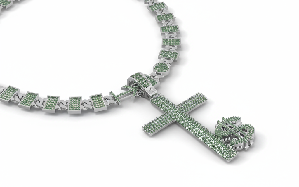 Male Silver necklace with green gemstone accents on a white background