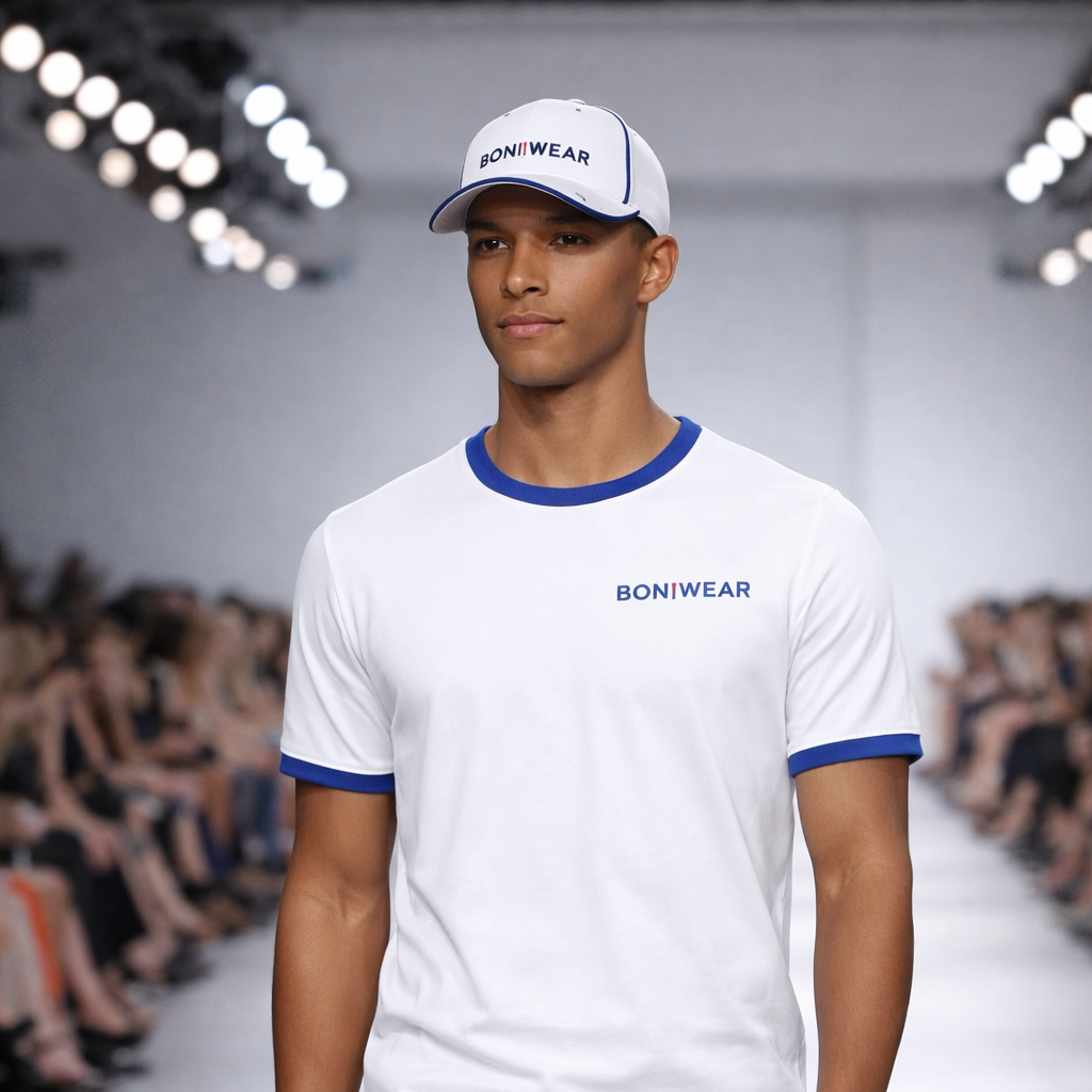 Model wearing a white t-shirt with 'BONIWEAR' branding on a runway.