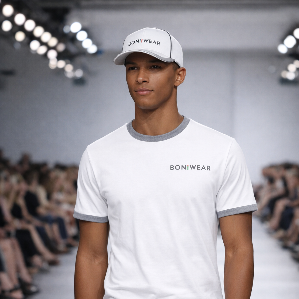 Model wearing a white t-shirt with 'BONIWEAR' branding on a runway.