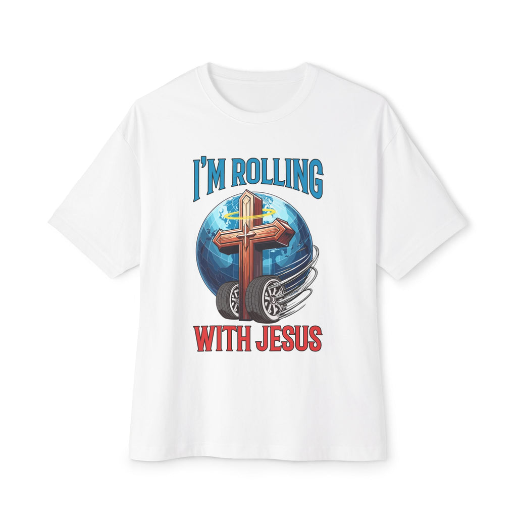 IM ROLLING WITH JESUS Oversized Tee Blue Font Print