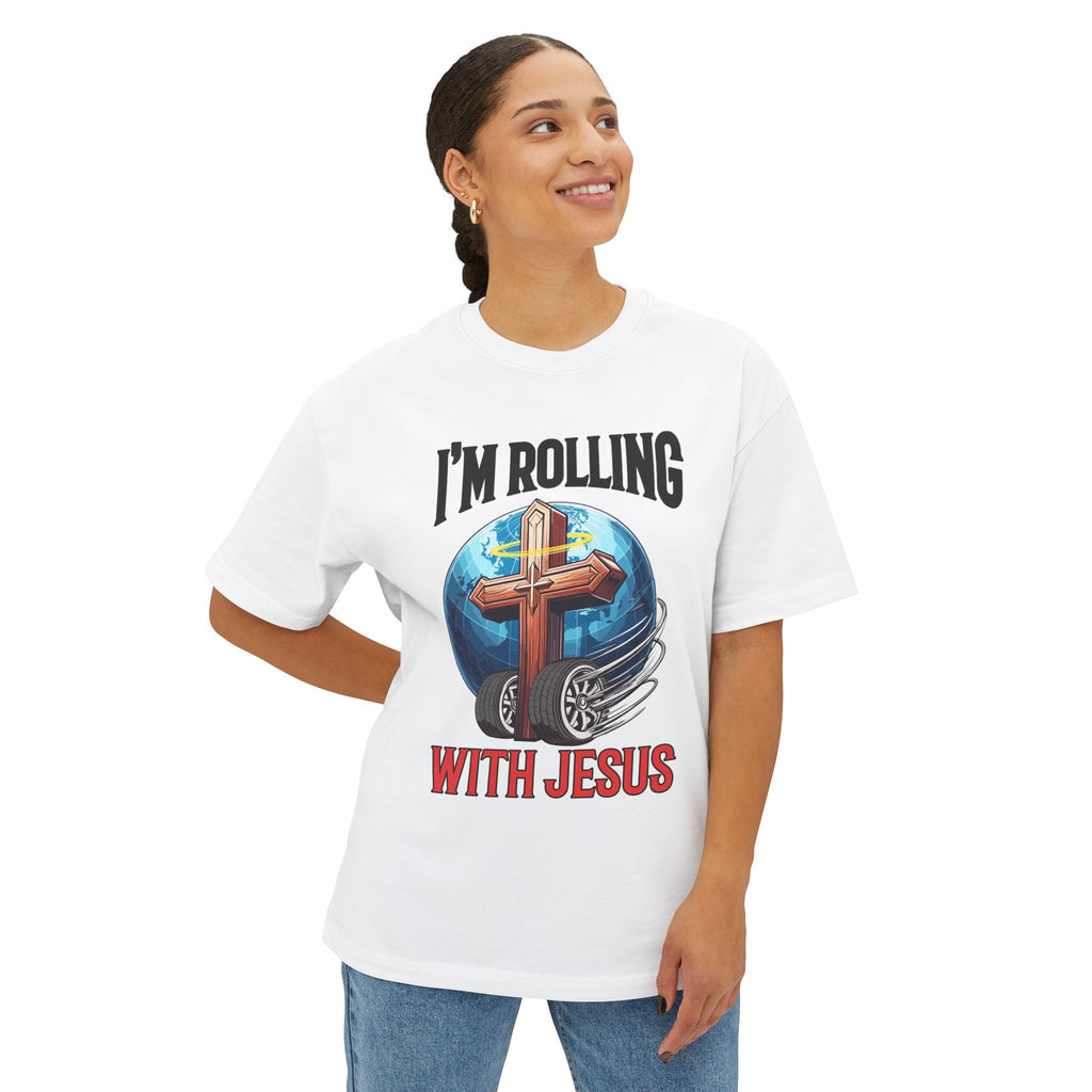 IM ROLLING WITH JESUS Oversized Tee Black Font Print