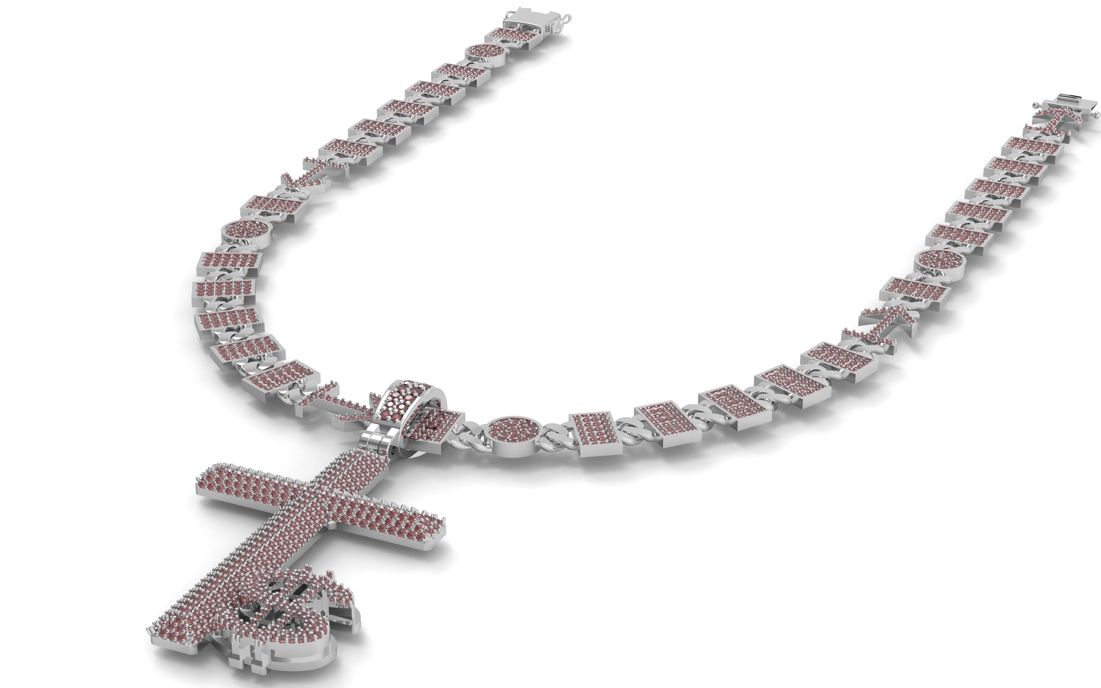 Silver necklace with red gemstones on a white background