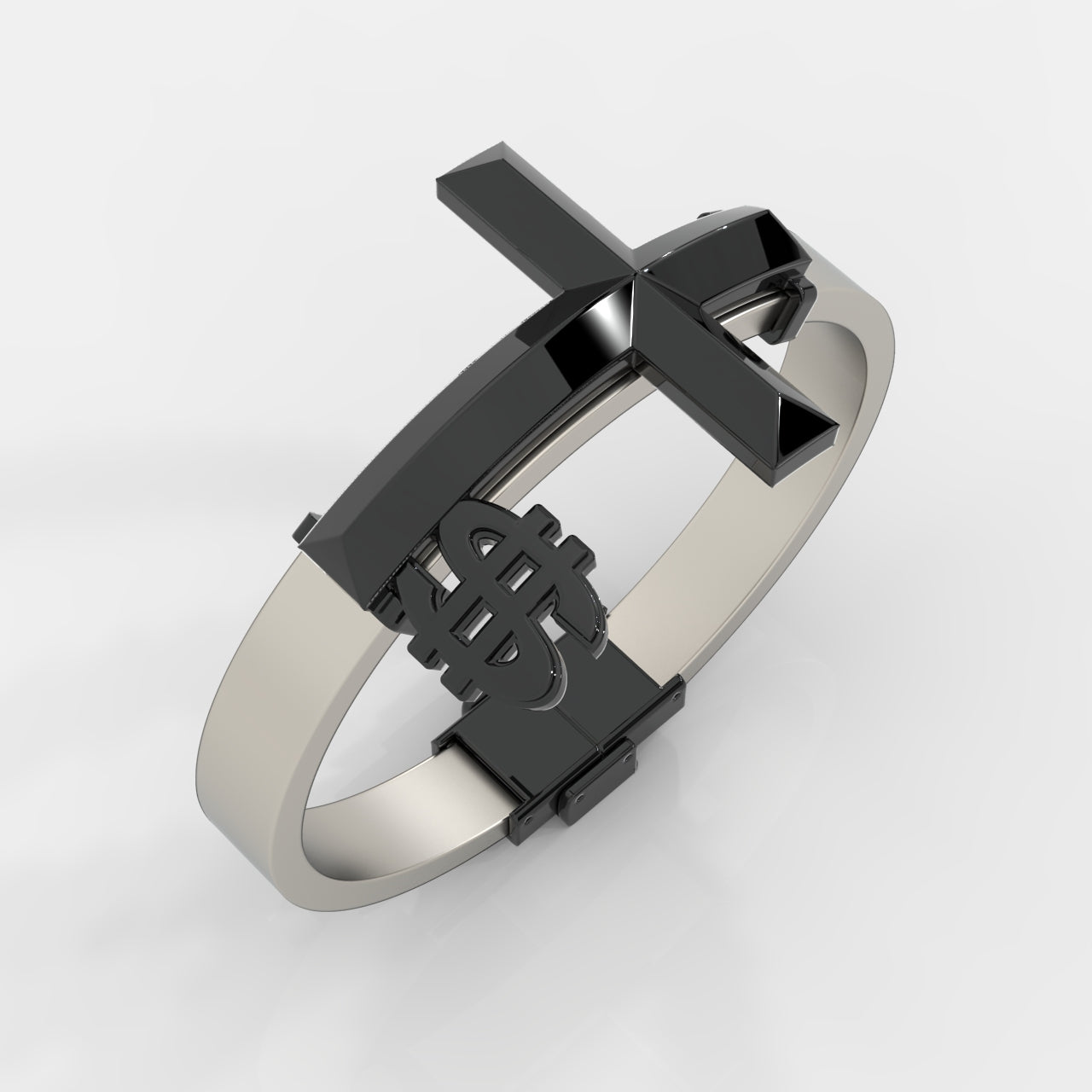 Silver and black bracelet with a cross design on a white background