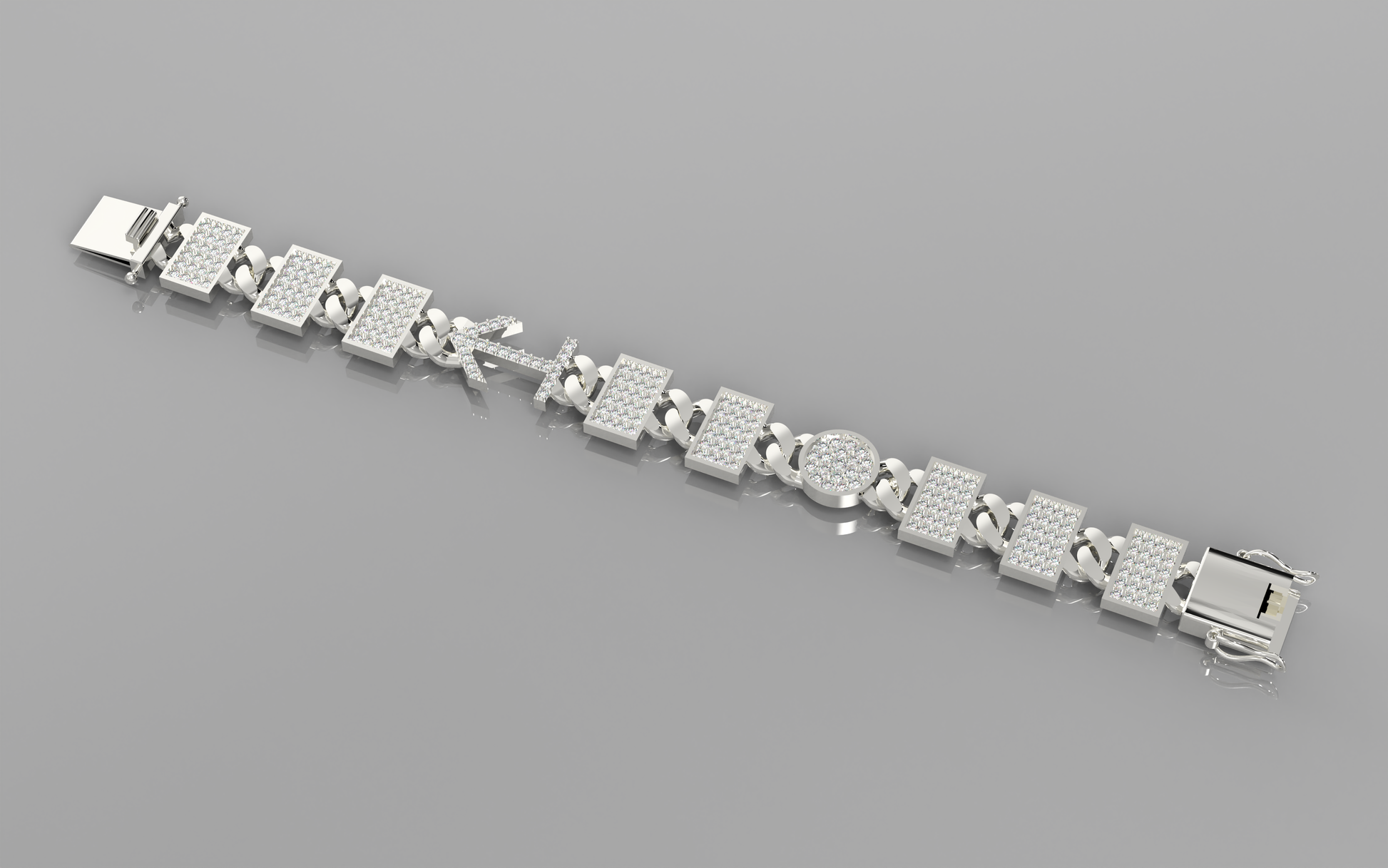 Silver bracelet with diamond accents on a gray background