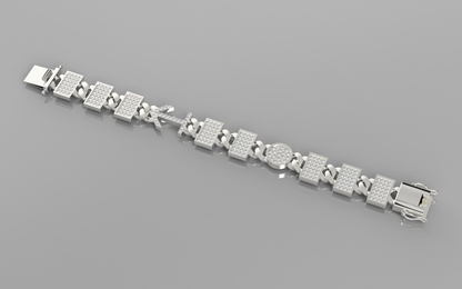 Silver bracelet with diamond accents on a gray background