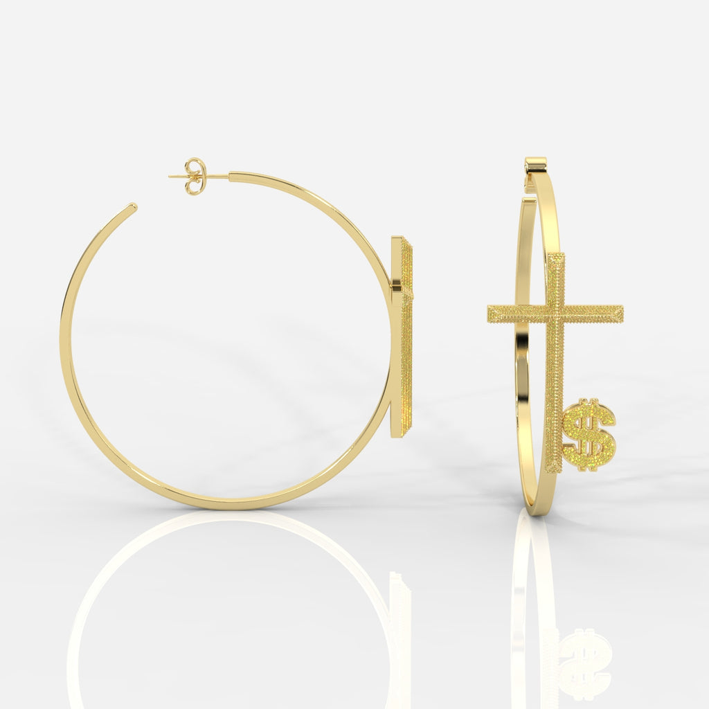 Gold hoop earrings with dollar sign design on a white background